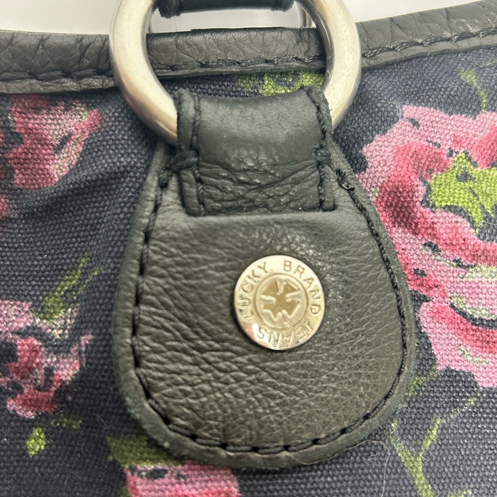 Vintage LUCKY Hobo Floral Cotton Black Tote Bag Leather Trim and Straps - Picture 7 of 12